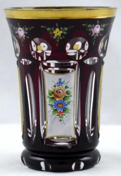 Ruby and clear glass with painted flowers Ruby and clear glass with painted flowers